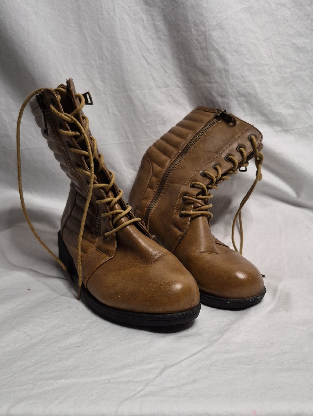 Seven7 Women's Lace-Up Brown Combat Boots with Side Zipper